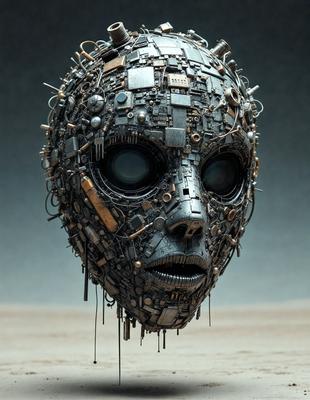 The primary subject of the image is a mask made of various mechanical parts, including screws and wires. The mask is placed on a sandy surface, which serves as the setting or background. The visual style of the image is a combination of digital art and illustration, as the mask is created using a mix of mechanical parts and digital elements. The colors and mood of the image are dark and mysterious, with the mechanical parts and sandy surface contributing to the overall atmosphere.
